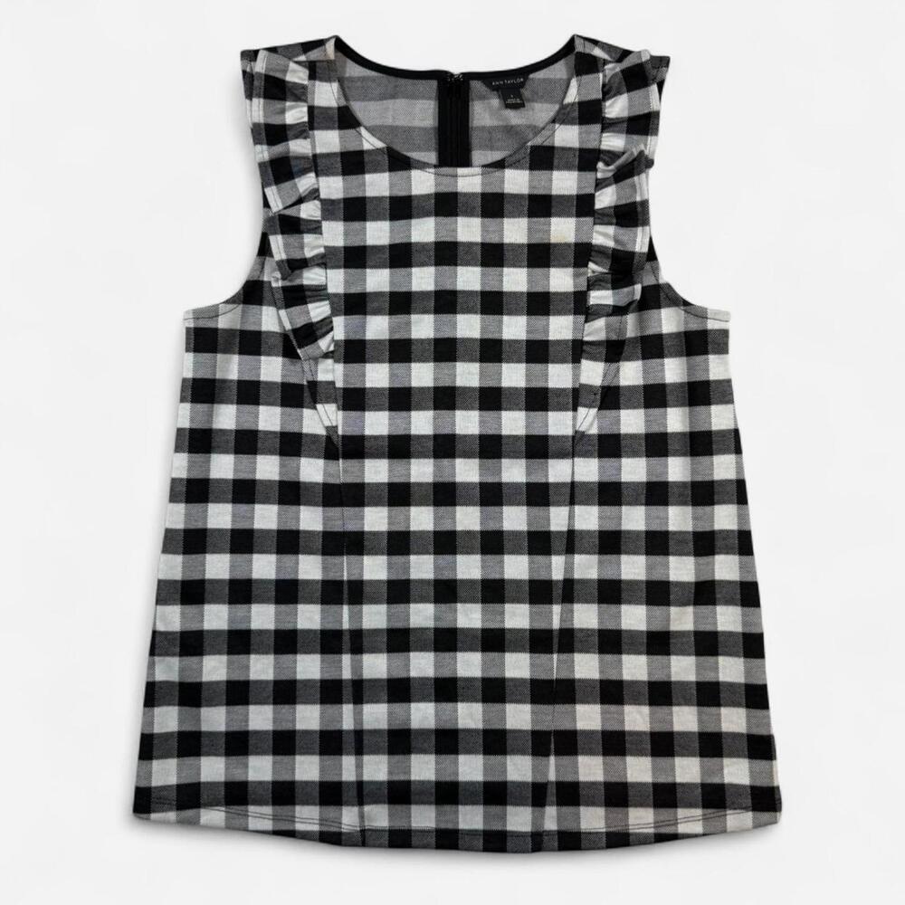Ann Taylor Sleeveless Top Women S Black White Gingham Ruffle Cottageore Preppy